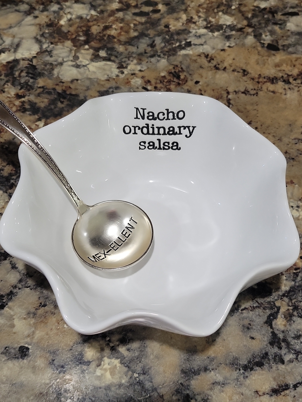 White "Nacho ordinary salsa" Ceramic Dip Bowl by Mudpie 2016